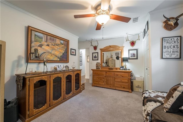 4442 Academy St, Acworth, GA 30101 - living area featuring ornamental molding, light carpet, and ceiling fan