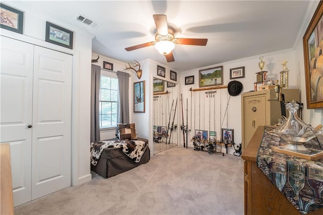 4442 Academy St, Acworth, GA 30101 - bedroom featuring carpet floors, crown molding, a closet, and ceiling fan