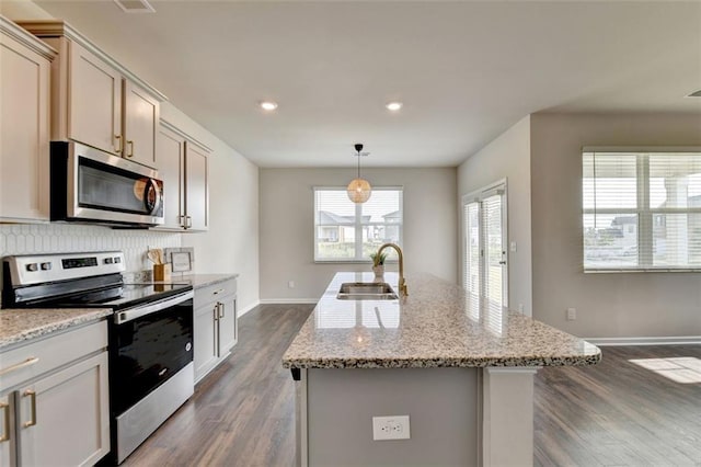 kitchen with a center island with sink, a sink, dark wood finished floors, appliances with stainless steel finishes, and baseboards