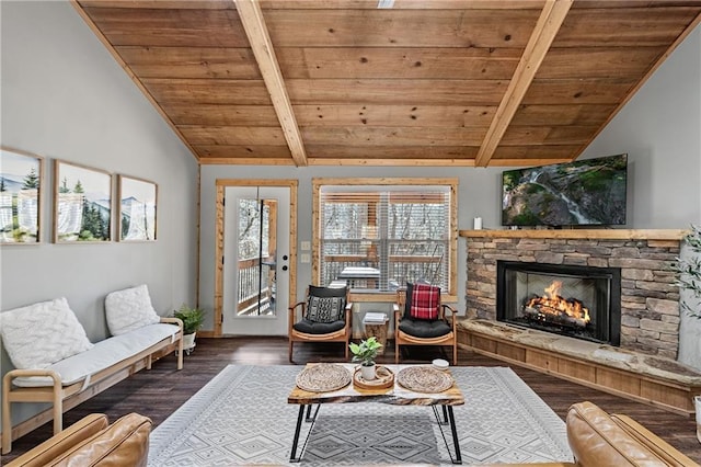 living room featuring a stone fireplace, wooden ceiling, dark hardwood / wood-style floors, and lofted ceiling with beams