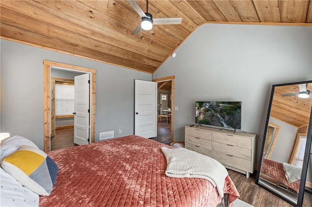 bedroom with vaulted ceiling, dark wood-type flooring, and wooden ceiling