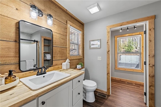 bathroom featuring toilet, vanity, hardwood / wood-style floors, and a shower