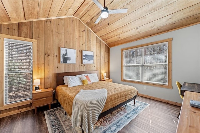 bedroom with hardwood / wood-style floors, lofted ceiling, wood walls, and wood ceiling