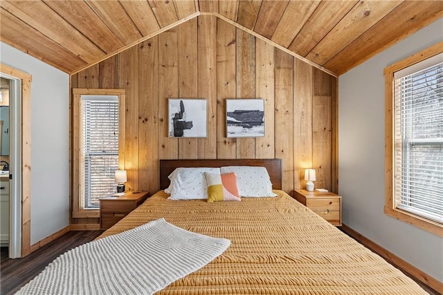 bedroom with dark wood-type flooring, wood ceiling, and multiple windows