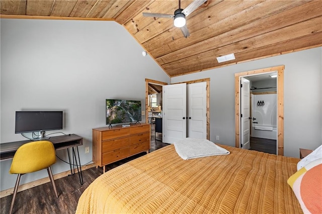 bedroom featuring dark hardwood / wood-style flooring, lofted ceiling, connected bathroom, and wooden ceiling