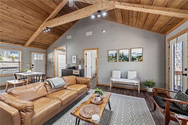 living room featuring dark hardwood / wood-style flooring, beamed ceiling, track lighting, and wooden ceiling