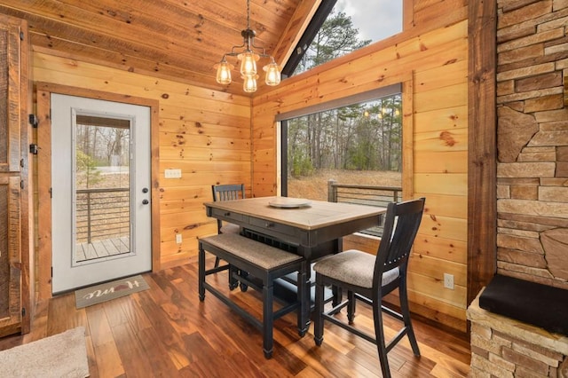 dining area with wood walls, wood ceiling, and lofted ceiling