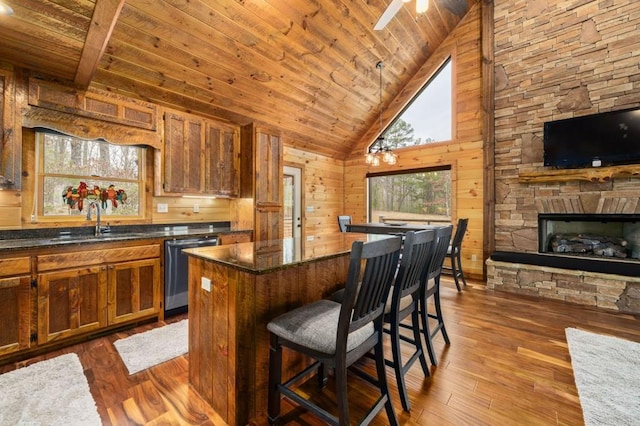 kitchen with a fireplace, stainless steel dishwasher, wooden ceiling, and dark wood-style flooring