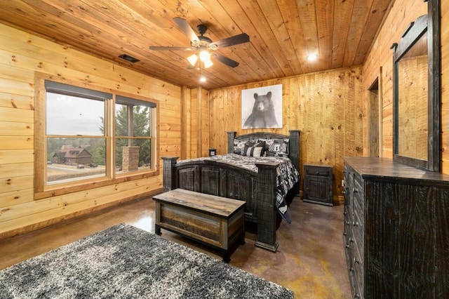 bedroom with wood ceiling, visible vents, concrete floors, and wood walls