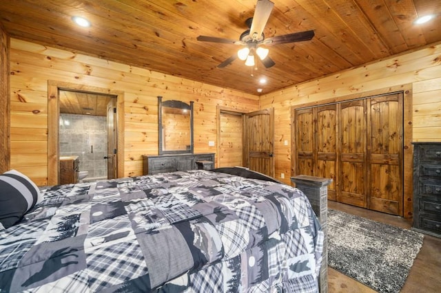 bedroom with ensuite bathroom, recessed lighting, wood walls, wood ceiling, and ceiling fan