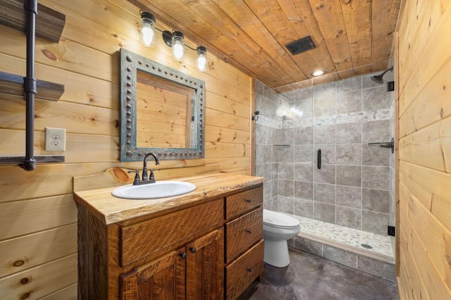 full bath featuring visible vents, toilet, wooden walls, wooden ceiling, and a shower stall