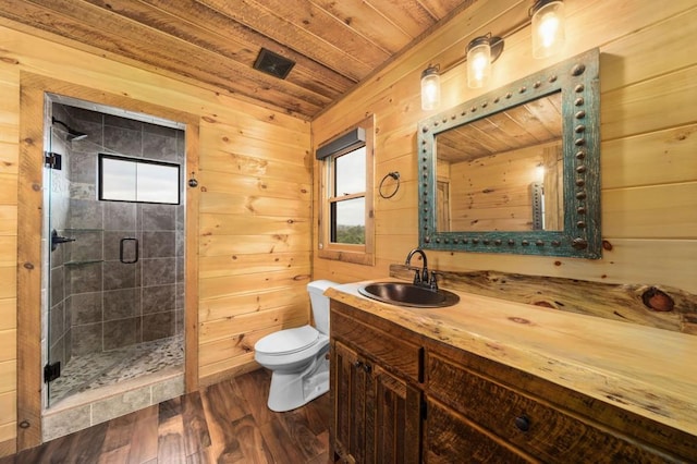 bathroom featuring toilet, a stall shower, wood finished floors, wooden ceiling, and wood walls