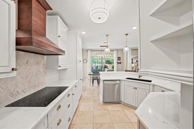 230 Bristol Stone Ct, Johns Creek, GA 30005 - kitchen featuring stainless steel dishwasher, wall chimney range hood, black electric stovetop, decorative backsplash, and white cabinetry