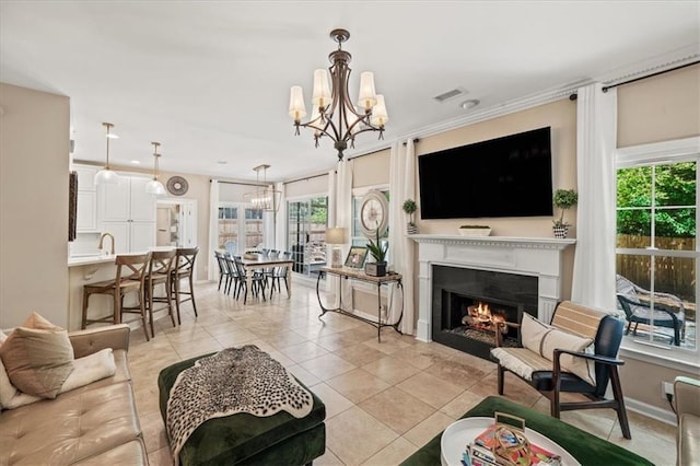 230 Bristol Stone Ct, Johns Creek, GA 30005 - living area featuring a chandelier, plenty of natural light, light tile patterned floors, a warm lit fireplace, and crown molding