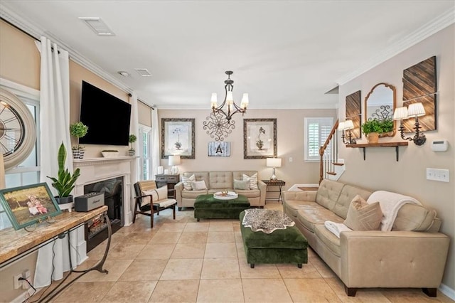 230 Bristol Stone Ct, Johns Creek, GA 30005 - living area with ornamental molding, a chandelier, light tile patterned floors, a premium fireplace, and stairway