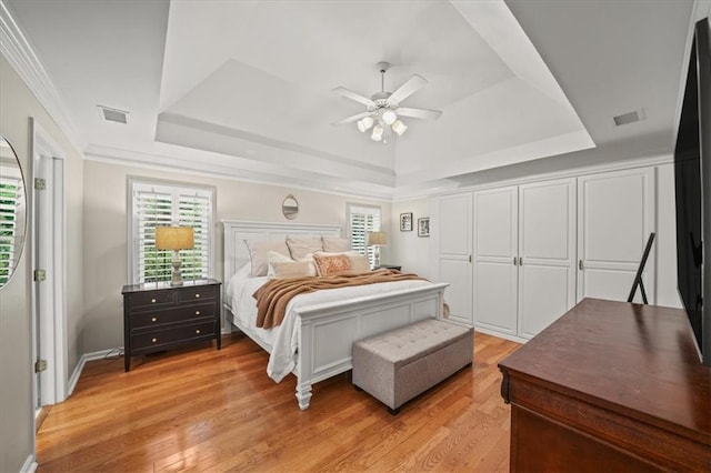 230 Bristol Stone Ct, Johns Creek, GA 30005 - bedroom featuring a raised ceiling, light wood-style flooring, ceiling fan, and crown molding