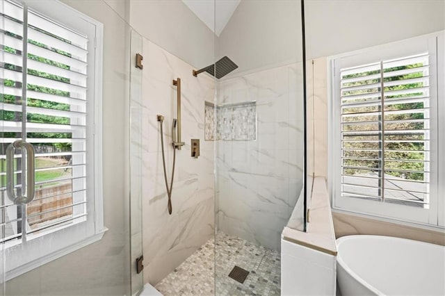 230 Bristol Stone Ct, Johns Creek, GA 30005 - full bathroom with a marble finish shower, a soaking tub, and vaulted ceiling