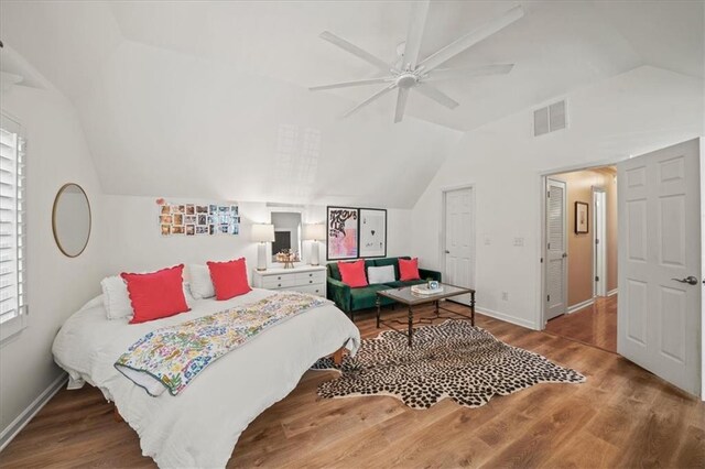 230 Bristol Stone Ct, Johns Creek, GA 30005 - bedroom with lofted ceiling, baseboards, wood finished floors, and ceiling fan