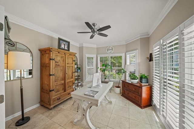 230 Bristol Stone Ct, Johns Creek, GA 30005 - office featuring a ceiling fan, crown molding, baseboards, and light tile patterned flooring