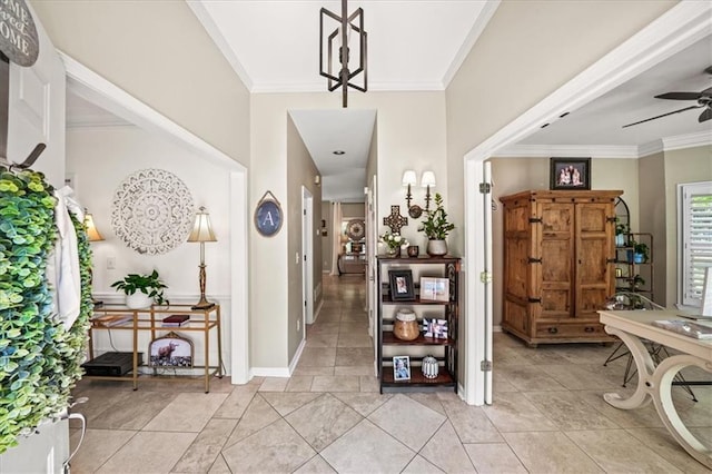 230 Bristol Stone Ct, Johns Creek, GA 30005 - foyer entrance featuring a ceiling fan, crown molding, baseboards, and light tile patterned floors