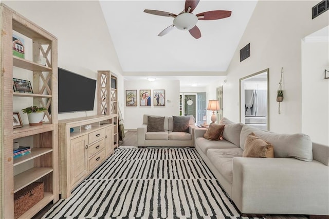 3320 Goldmist Dr, Buford, GA 30519 - living area featuring a ceiling fan and high vaulted ceiling