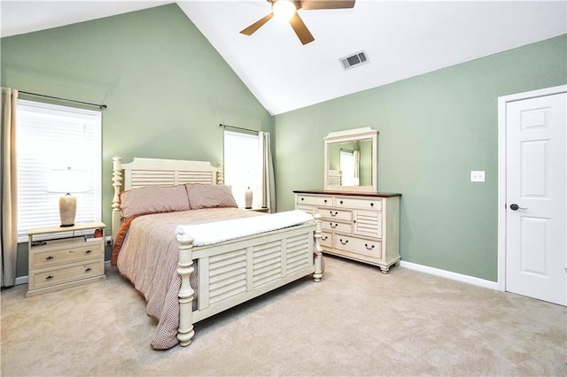 3320 Goldmist Dr, Buford, GA 30519 - bedroom featuring light colored carpet, high vaulted ceiling, baseboards, and a ceiling fan