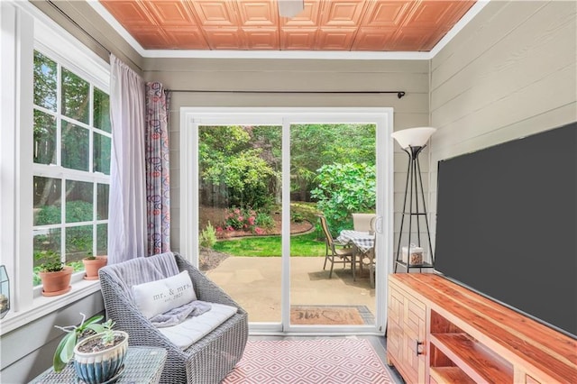3320 Goldmist Dr, Buford, GA 30519 - doorway with an ornate ceiling, plenty of natural light, crown molding, and wood walls