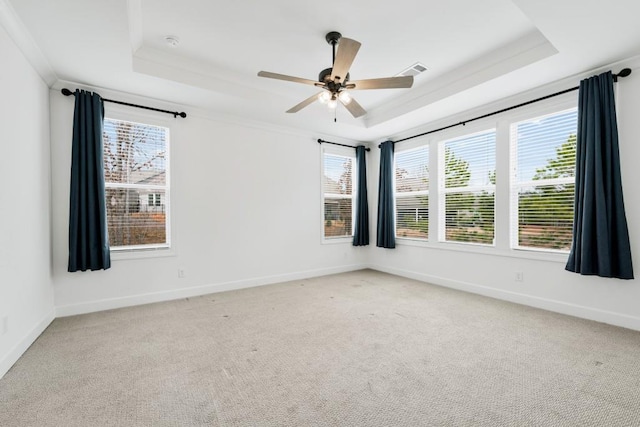 carpeted spare room with a raised ceiling and baseboards