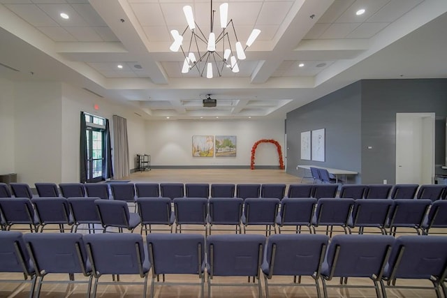 cinema with recessed lighting, coffered ceiling, beamed ceiling, and a notable chandelier