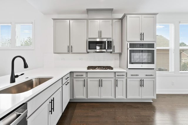 kitchen featuring stainless steel appliances, gray cabinets, plenty of natural light, and a sink