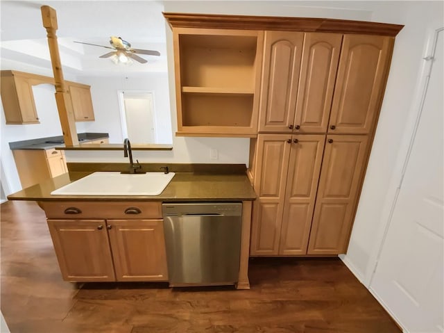 131 Morningside Dr, Jackson, GA 30233 - kitchen featuring stainless steel dishwasher, ceiling fan, dark wood finished floors, and dark countertops