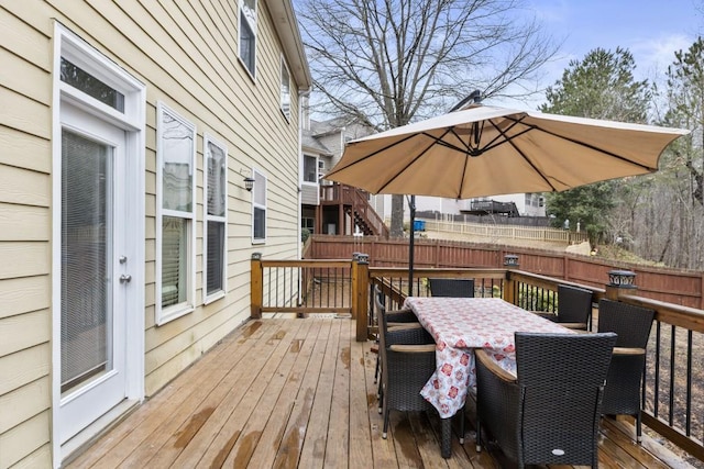 wooden deck with outdoor dining space and a fenced backyard