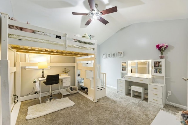 bedroom featuring ceiling fan, baseboards, vaulted ceiling, and light colored carpet