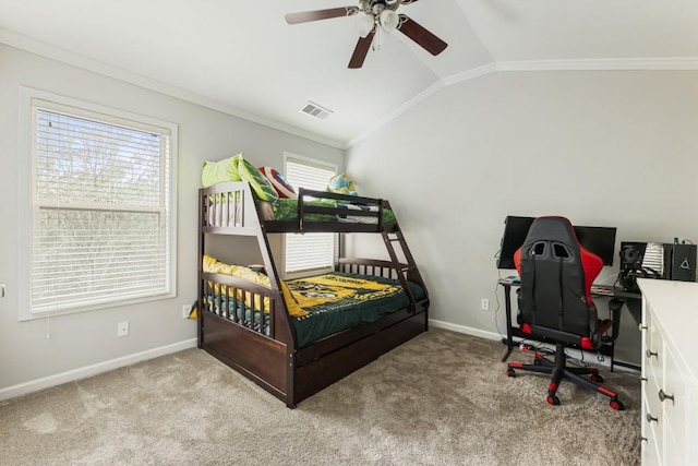 bedroom featuring lofted ceiling, multiple windows, and light colored carpet