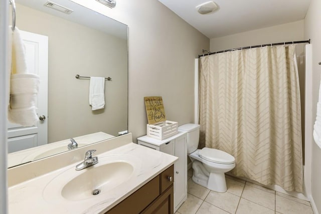 full bath featuring visible vents, a shower with shower curtain, toilet, tile patterned floors, and vanity