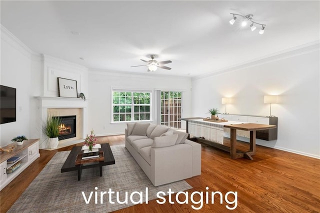 651 Coligny Ct, Atlanta, GA 30350 - living area with ornamental molding, ceiling fan, a glass covered fireplace, and wood finished floors