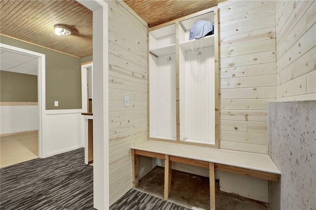 192 Aubrey Ave NE, Calhoun, GA 30701 - mudroom featuring wood ceiling, carpet, wooden walls, and wainscoting