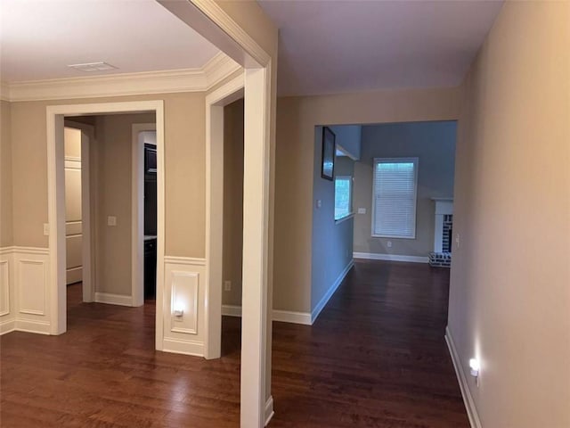 3622 Foxtrot Trl NW, Kennesaw, GA 30144 - hallway featuring dark wood-style floors, baseboards, and ornamental molding