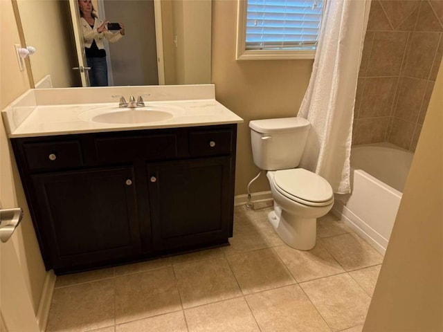 3622 Foxtrot Trl NW, Kennesaw, GA 30144 - bathroom featuring toilet, tile patterned floors, vanity, and shower / tub combo with curtain
