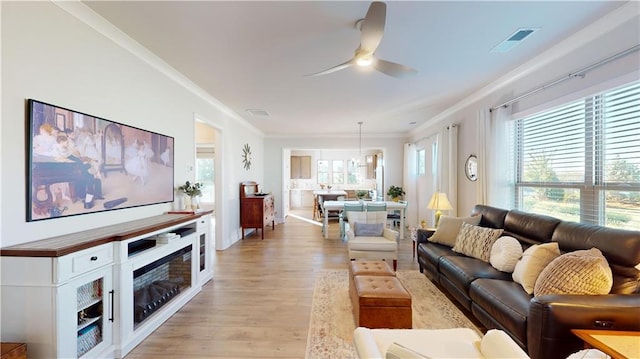 living room featuring crown molding, a wealth of natural light, ceiling fan, and light hardwood / wood-style flooring