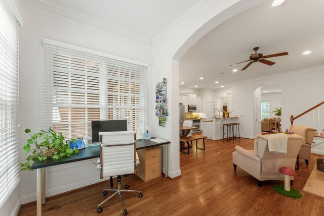 1227 Parkside Village Dr NW, Marietta, GA 30060 - office featuring arched walkways, ceiling fan, wood finished floors, recessed lighting, and ornamental molding