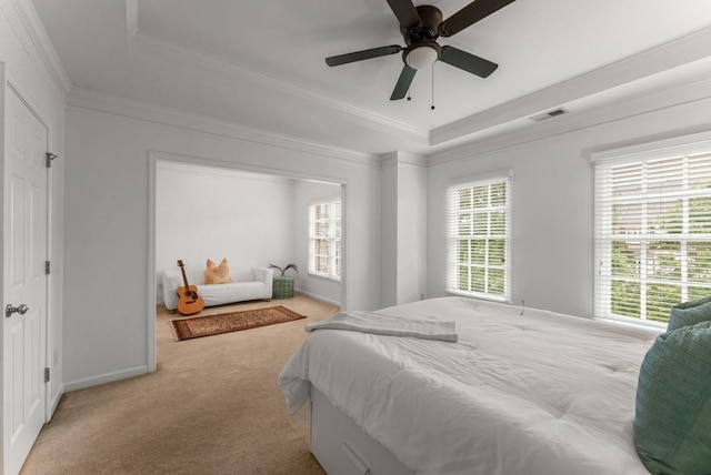 1227 Parkside Village Dr NW, Marietta, GA 30060 - bedroom featuring carpet floors, a tray ceiling, multiple windows, ornamental molding, and ceiling fan
