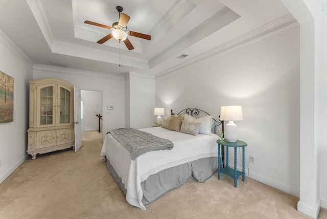 1227 Parkside Village Dr NW, Marietta, GA 30060 - bedroom with light colored carpet, a raised ceiling, ornamental molding, a ceiling fan, and baseboards