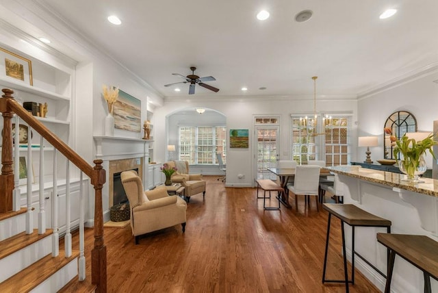 1227 Parkside Village Dr NW, Marietta, GA 30060 - living room featuring recessed lighting, wood finished floors, a fireplace, stairway, and a ceiling fan