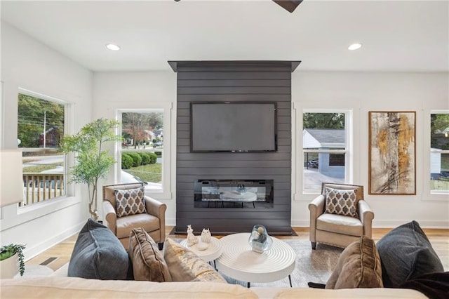 living room featuring a large fireplace and light wood-type flooring