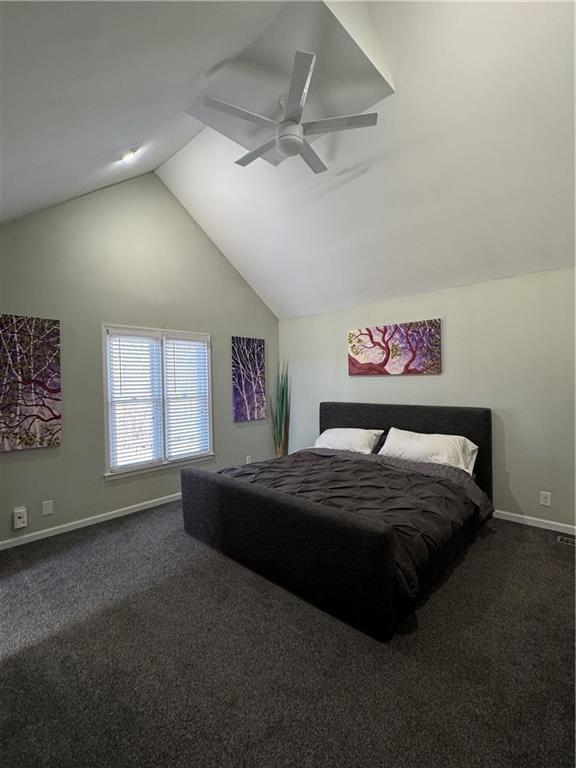 bedroom featuring lofted ceiling, ceiling fan, baseboards, and carpet flooring