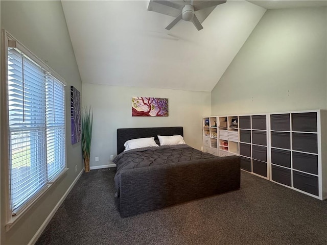 bedroom featuring vaulted ceiling, ceiling fan, carpet flooring, and baseboards