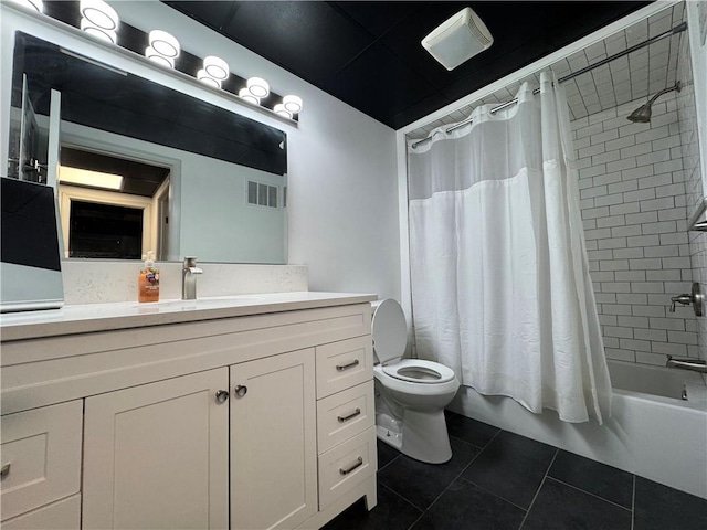 full bath with toilet, shower / tub combo, vanity, visible vents, and tile patterned floors