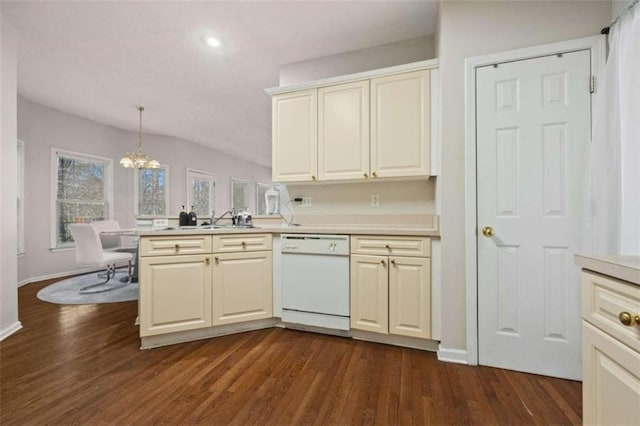 kitchen with dark wood-style floors, a notable chandelier, light countertops, and dishwasher