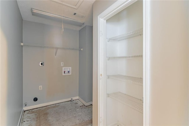 clothes washing area with hookup for an electric dryer and hookup for a washing machine